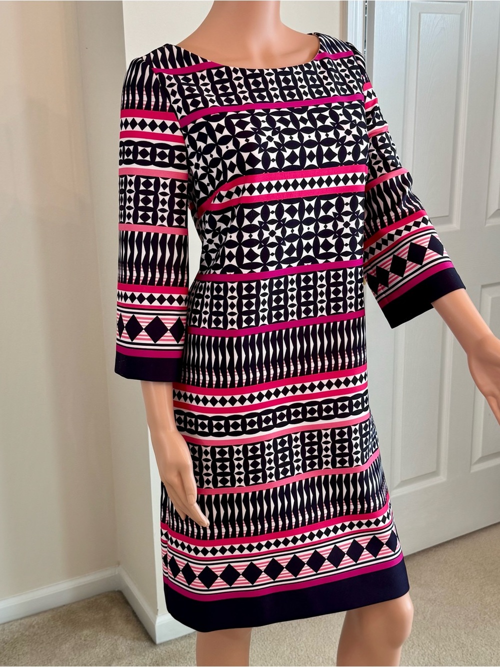 Jessica Howard 3/4 Flare Sleeve Geometric Print Knee Length Dress Office Sz 12